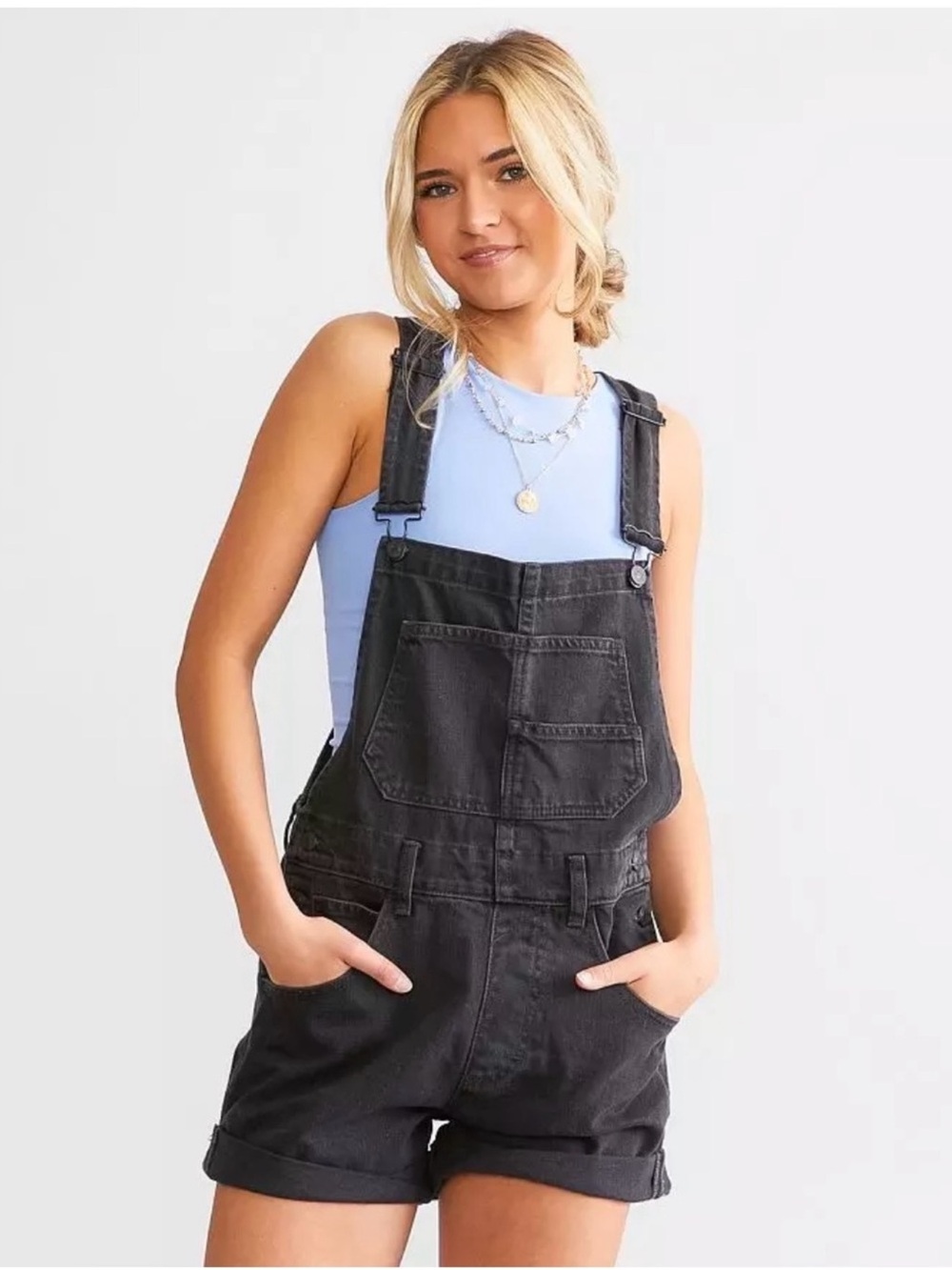 Free People Black Denim Short Overalls - Women